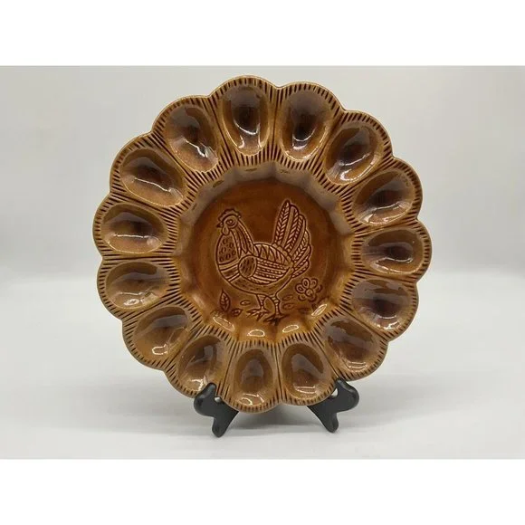 California Pottery Golen Brown Deviled Egg Plate, Made in USA - Picture 5 of 16